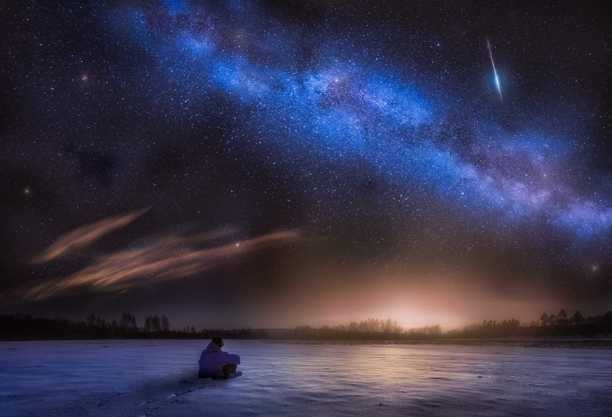 Astrophotography Landscape with Man Watching Stars 